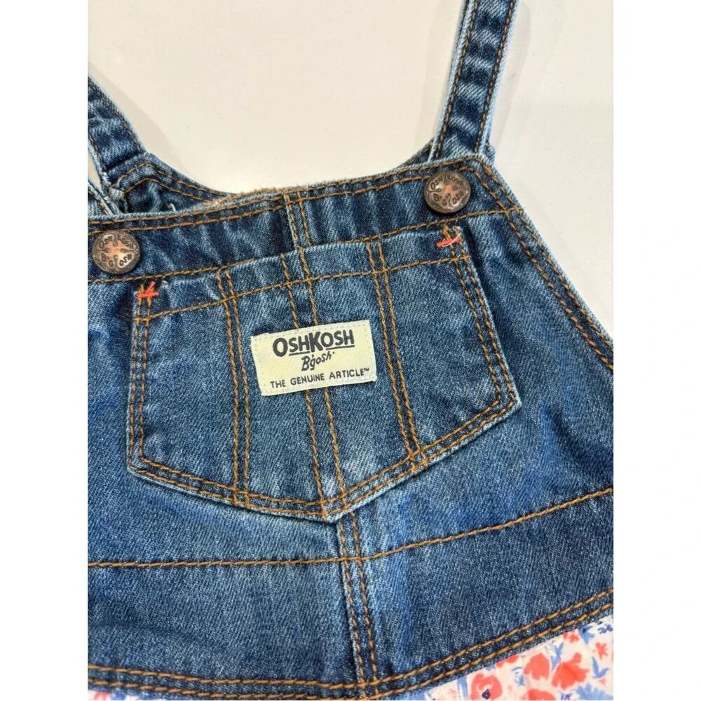 OshKosh B’gosh Toddler Denim Floral Overall Dress Ruffle Skirt Blue Pink- 24M